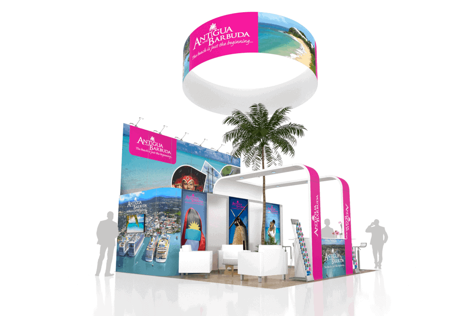 20x20 Antigua trade show exhibit rental Orlando - island stand with led video wall