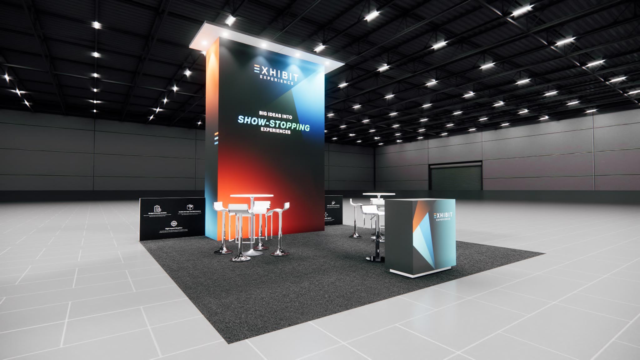 20x20 Booth Peninsula trade show exhibit rental Orlando - island stand with led video wall