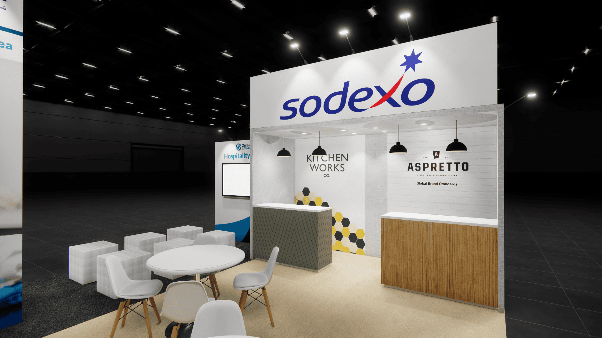 20x20 Sodexo trade show exhibit rental Orlando - island stand with led video wall