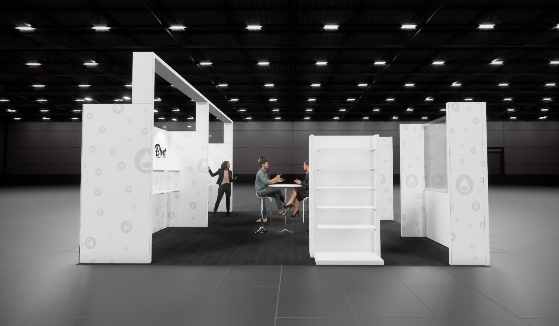20x20 Drip Drop trade show exhibit rental Orlando - island stand with led video wall