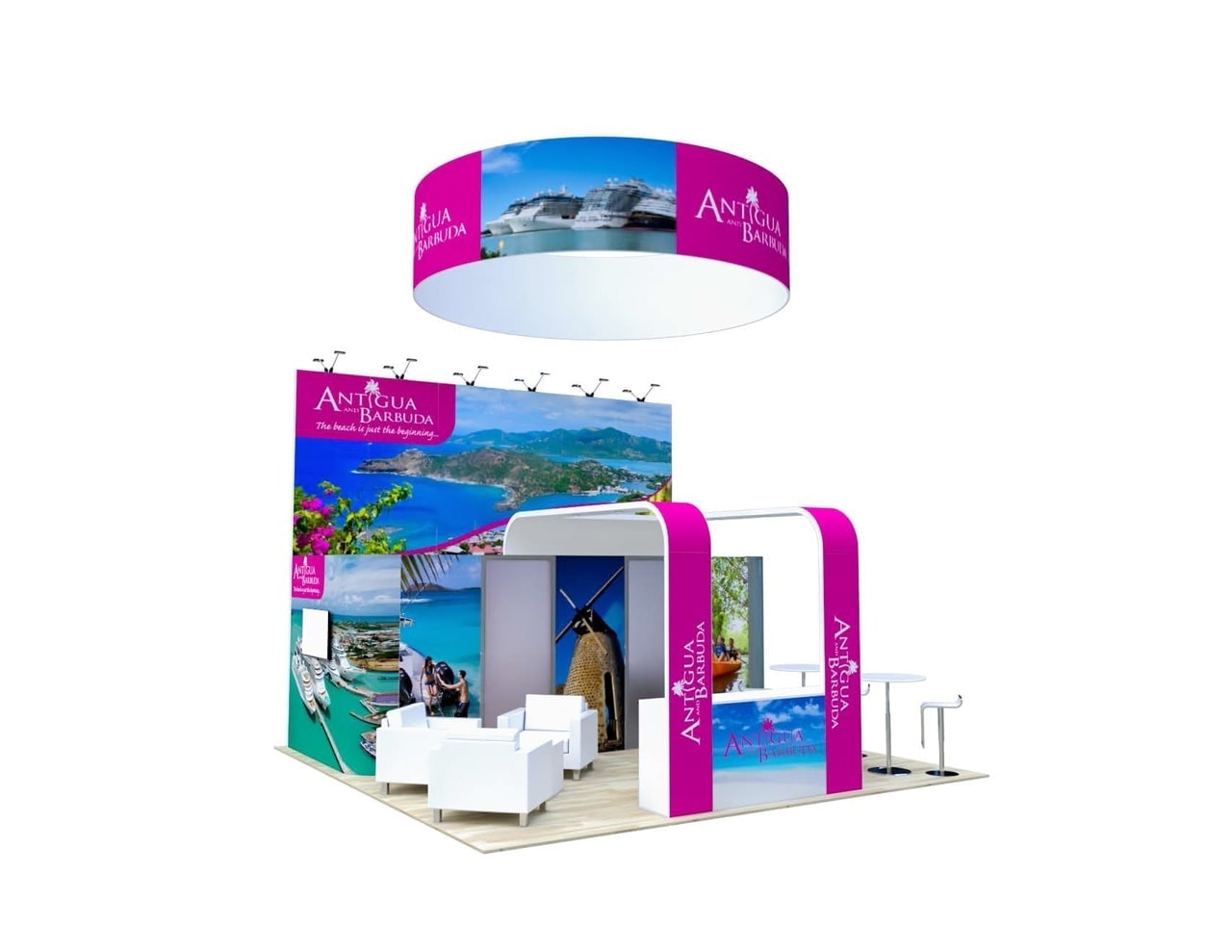 20x20 Antigua 20X20 trade show exhibit rental Orlando - island stand with led video wall