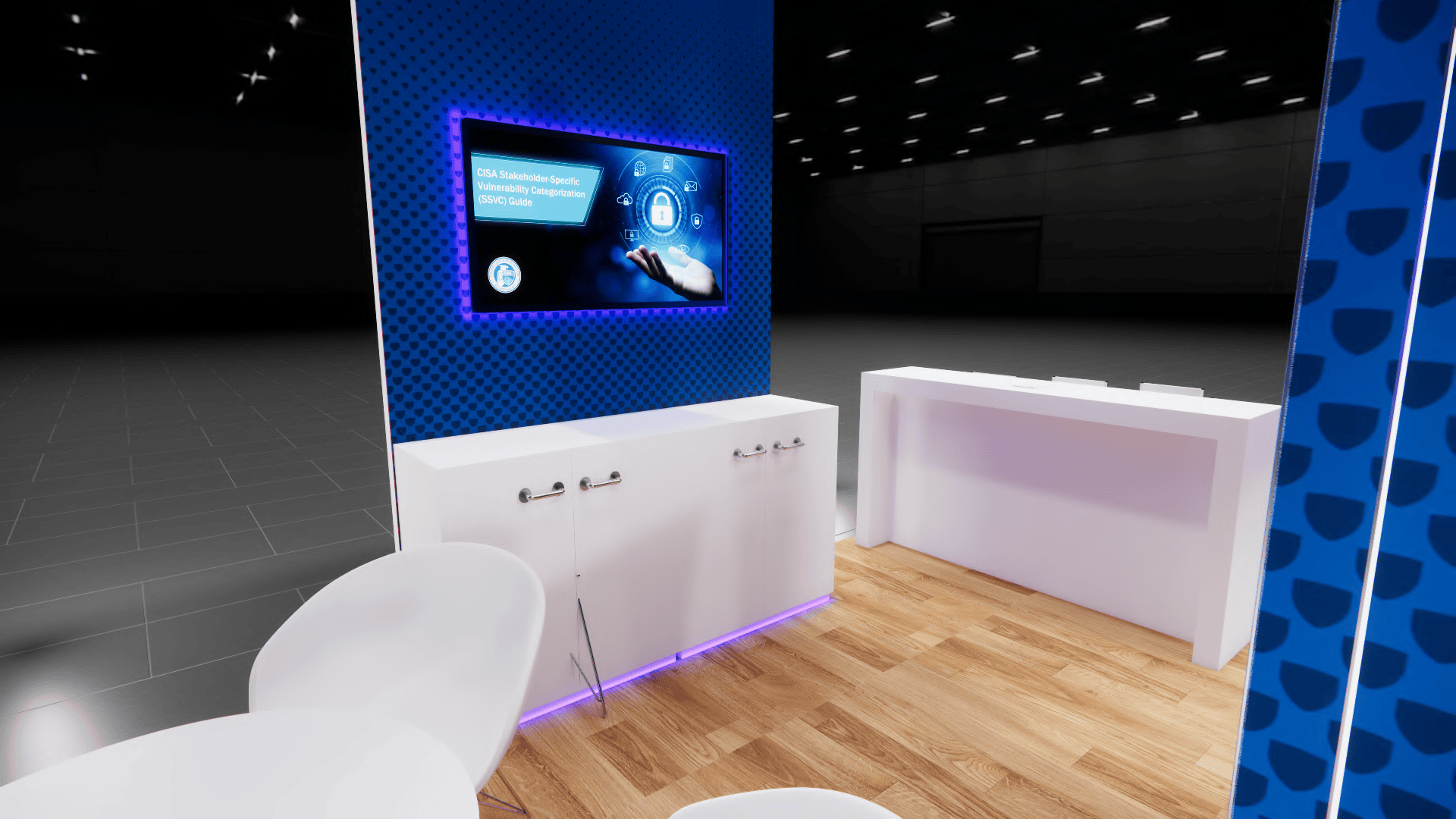 20x20 Dhs 20X20 trade show exhibit rental Orlando - island stand with led video wall