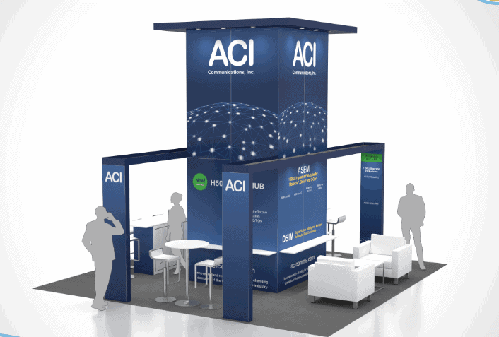 20x20 Ee 20X20 Aci Communications trade show exhibit rental Orlando - island stand with led video wall