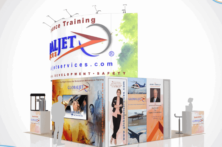 20x20 Ee 20X20 Global Jet Services trade show exhibit rental Orlando - island stand with led video wall