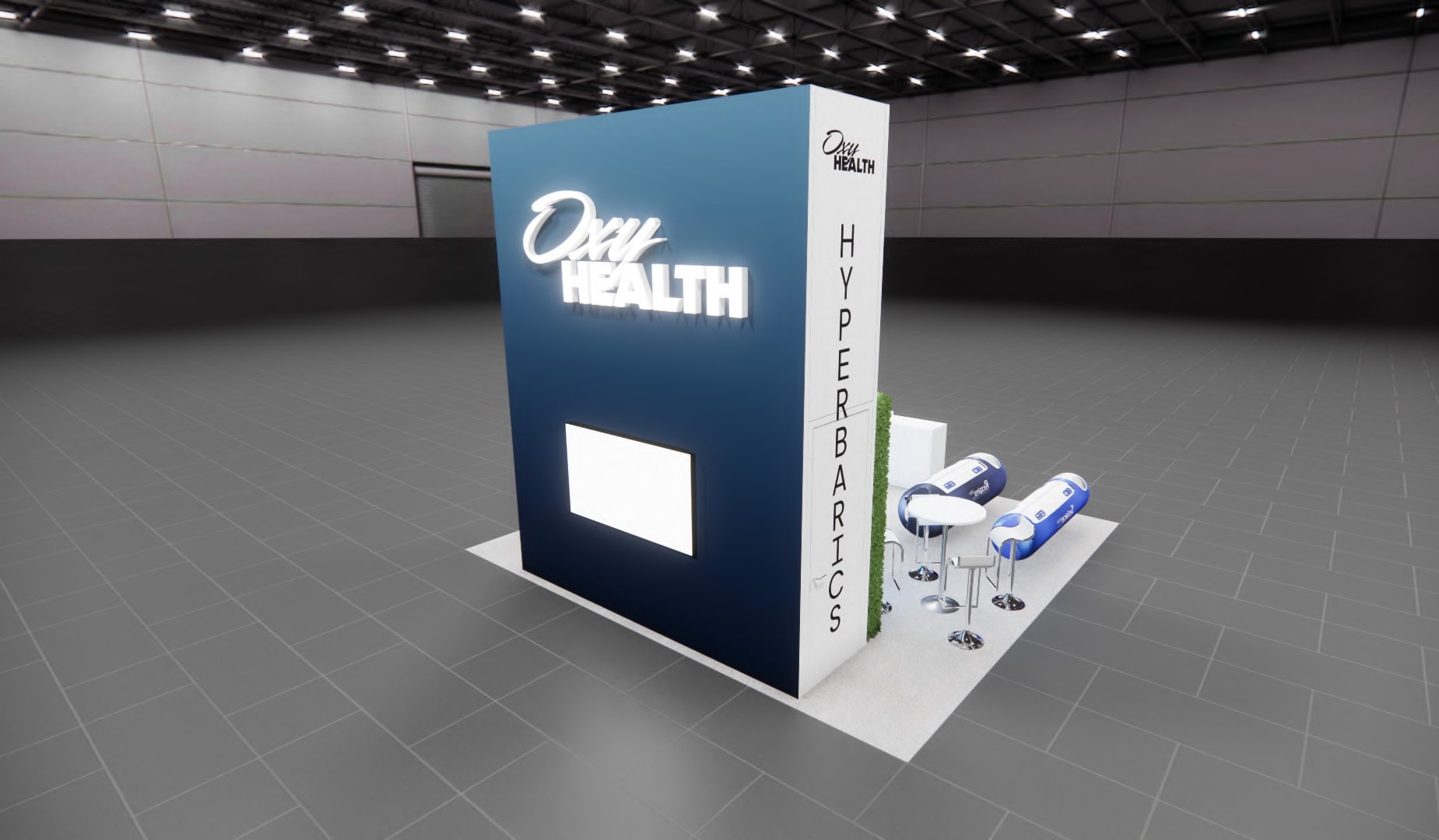 20x20 Oxyhealth 20X20 Final Render trade show exhibit rental Orlando - island stand with led video wall