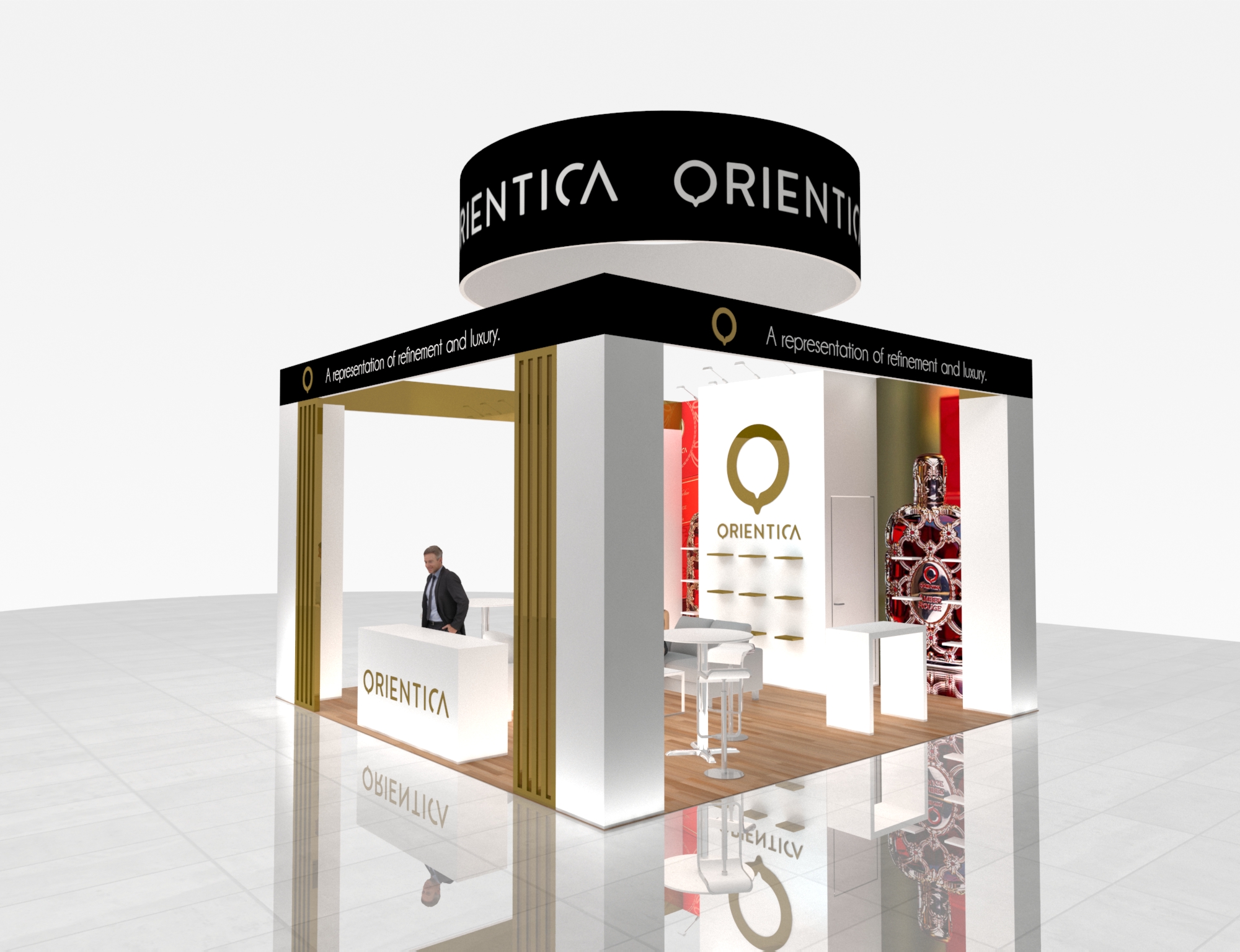 20x20 Version 20X20 Cam trade show exhibit rental Orlando - island stand with led video wall