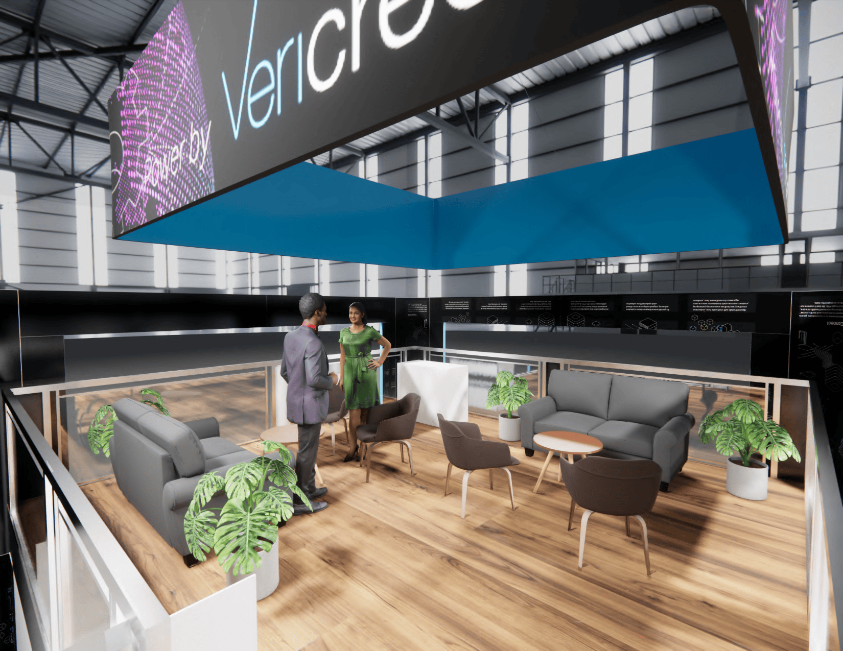 20x30 20 X 30 Vericred Hanging trade show exhibit rental Orlando - island stand with led video wall