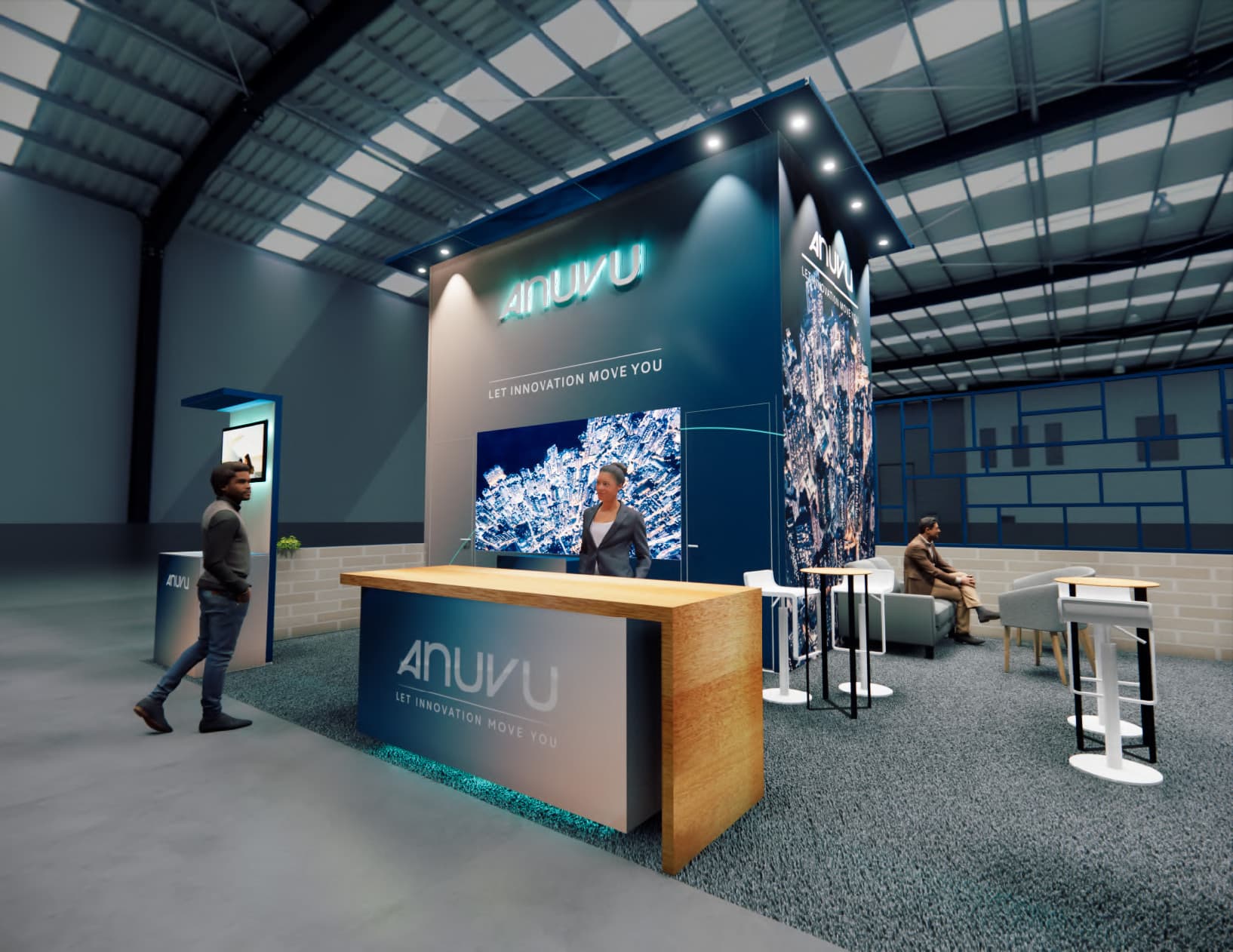 20x30 Anuvu C trade show exhibit rental Orlando - island stand with led video wall