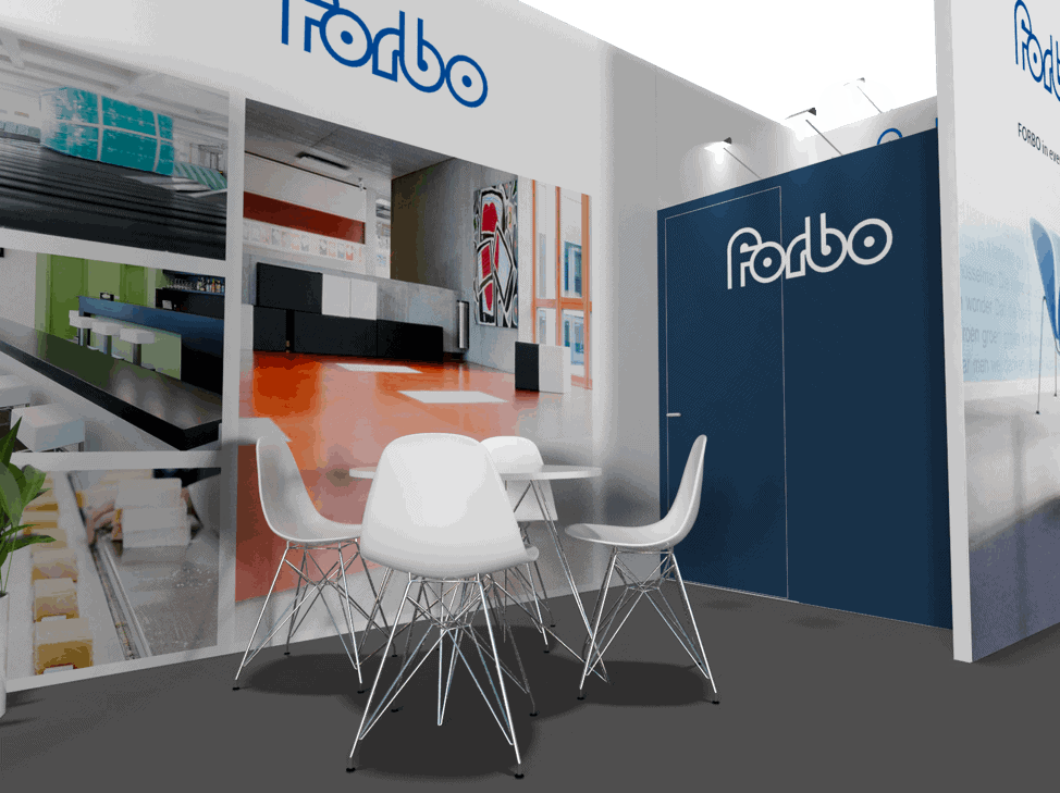 20x30 Forbo trade show exhibit rental Orlando - island stand with led video wall