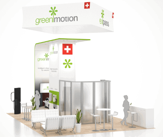 20x30 Ee 20X30 Green Motion trade show exhibit rental Orlando - island stand with led video wall