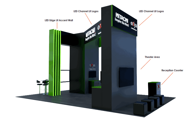 20x30 Hitachi Oxya 20X30 trade show exhibit rental Orlando - island stand with led video wall