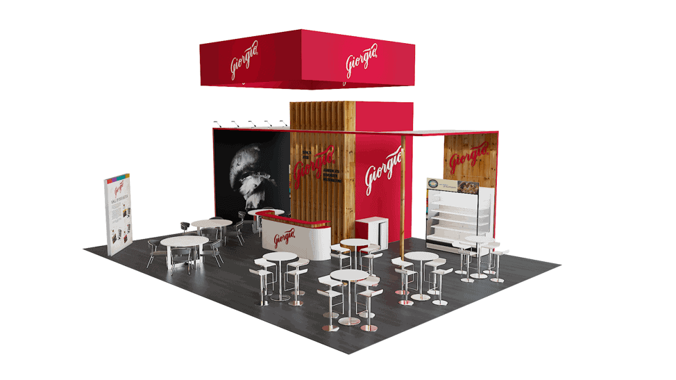30x40 Giorgio trade show exhibit rental Orlando - island stand with led video wall
