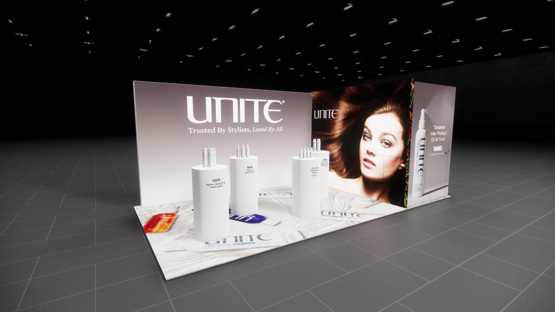10x20 Unite Hair trade show exhibit rental Orlando - inline stand with seg graphics