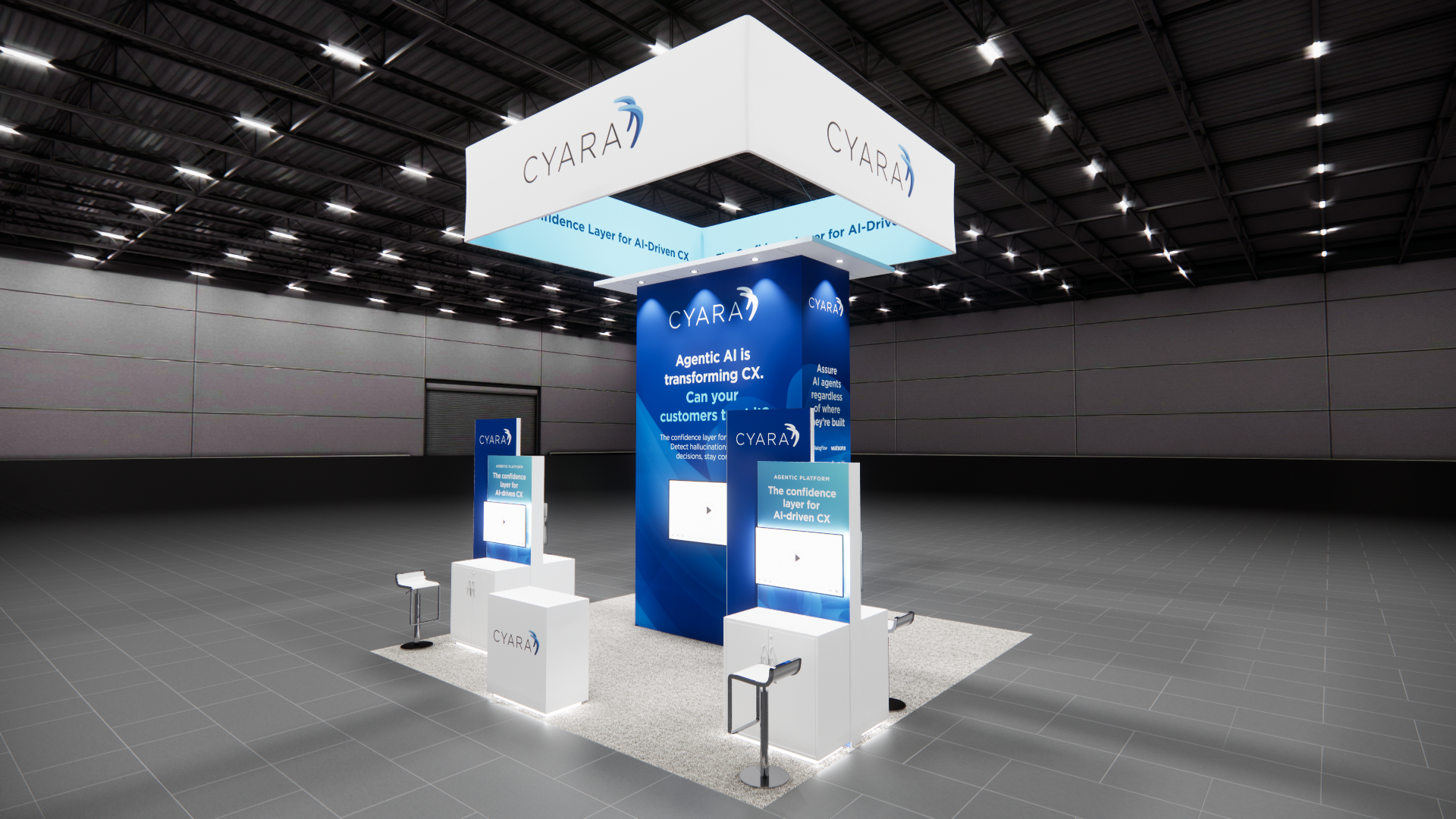 20x20 Cyara trade show exhibit rental Orlando - island stand with led video wall