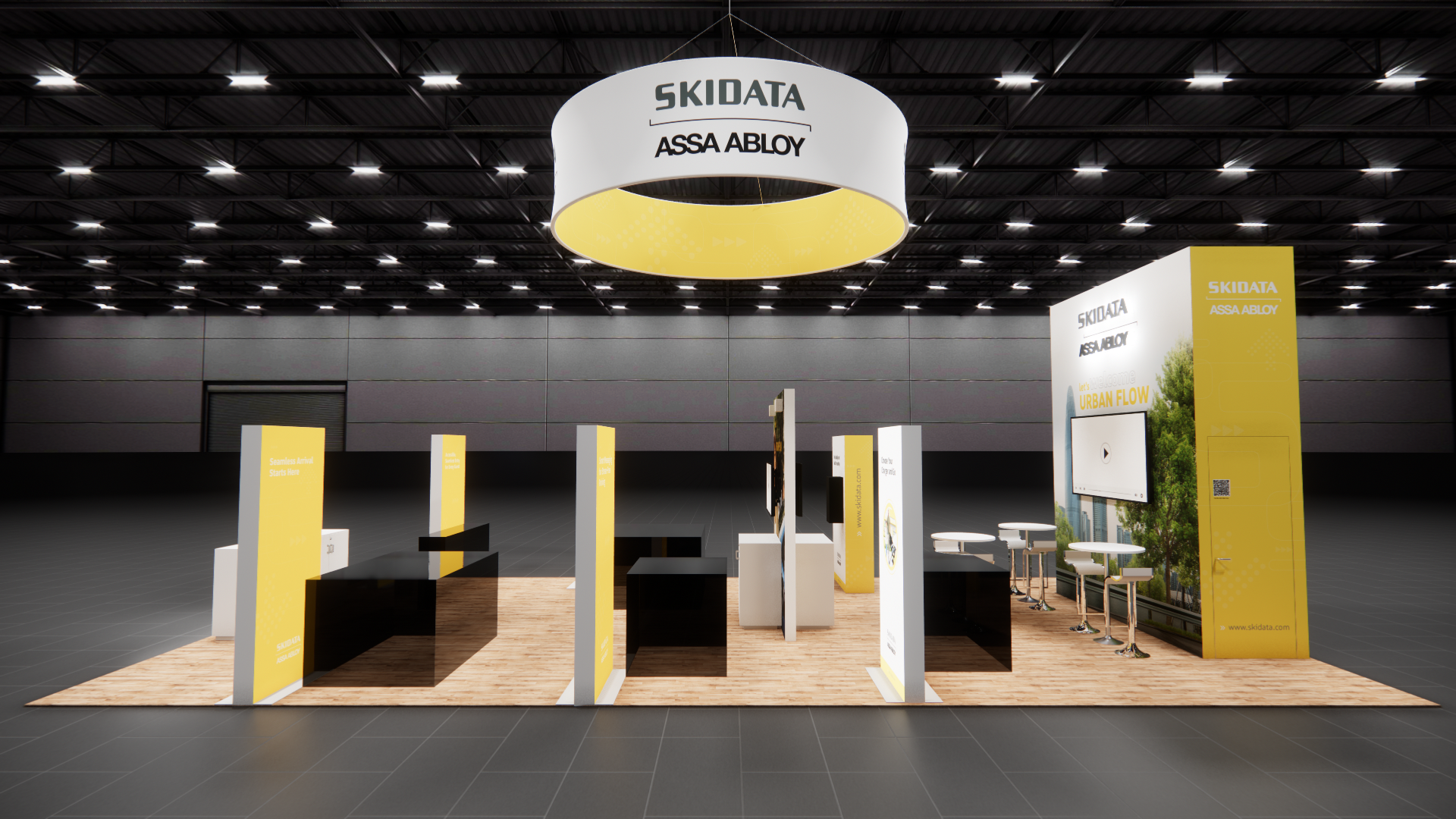 20x40 Skidata trade show exhibit rental Orlando - island stand with led video wall