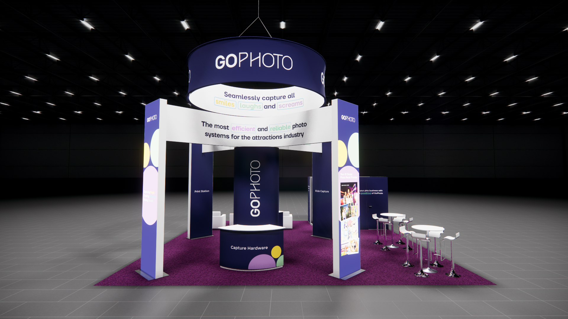 30x30 Go Photo trade show exhibit rental Orlando - island stand with led video wall
